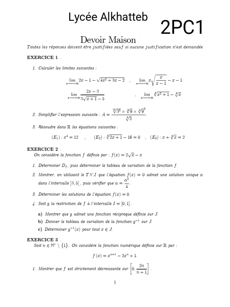 Devoir Maison Math 2 Bac PC | PDF | Mathématiques | Objets mathématiques