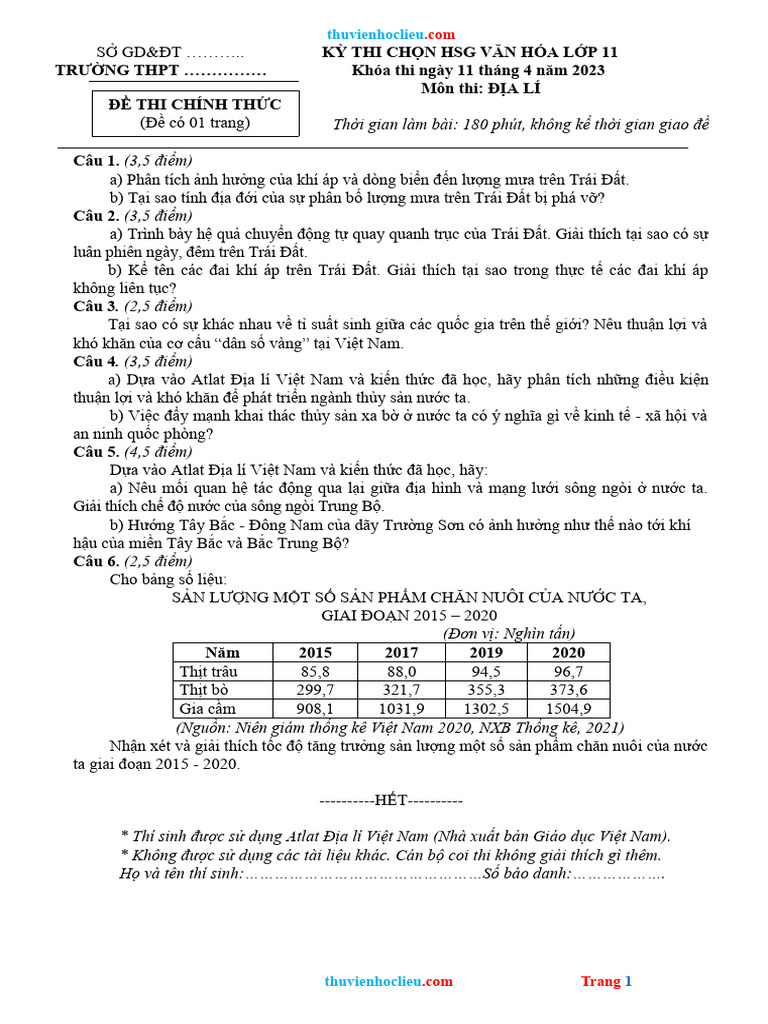 De Thi HSG Dia Li 11 Cap Truong 22 23 | PDF