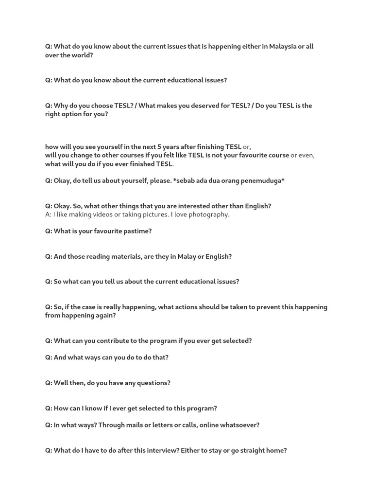 TESL Interview Questions Overview | PDF
