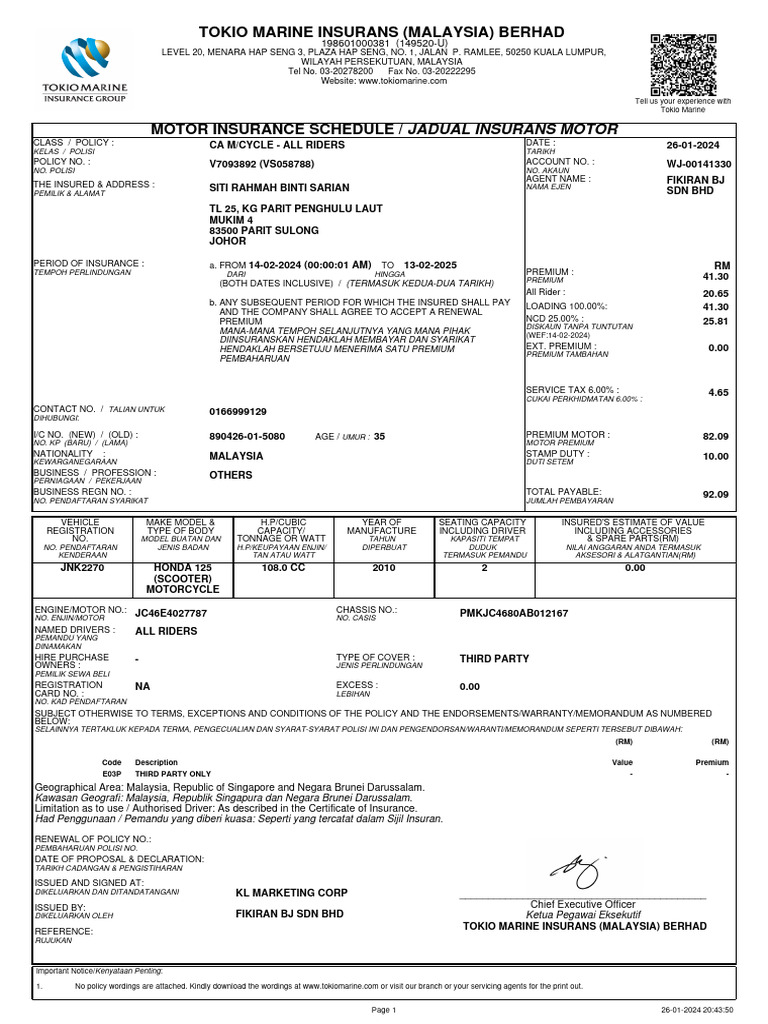 Tokio Marine Motorcycle Insurance Note | PDF | Credit Card | Insurance