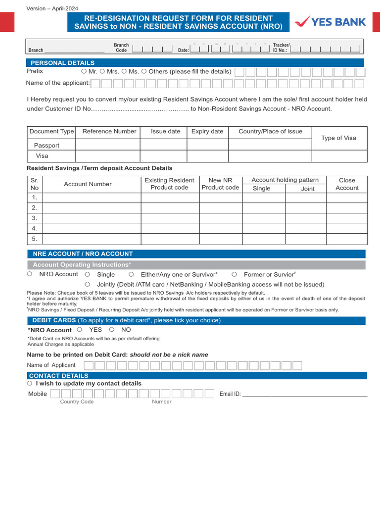 Yesbank Re Designation Request Form Resident To Non Savings Nro | PDF ...