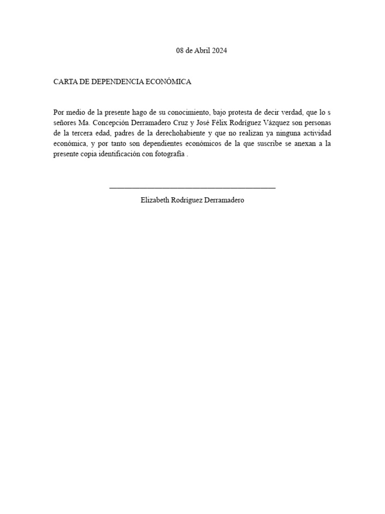Carta de Dependencia Económica Ejemplo | PDF | Ciencias sociales | Derecho
