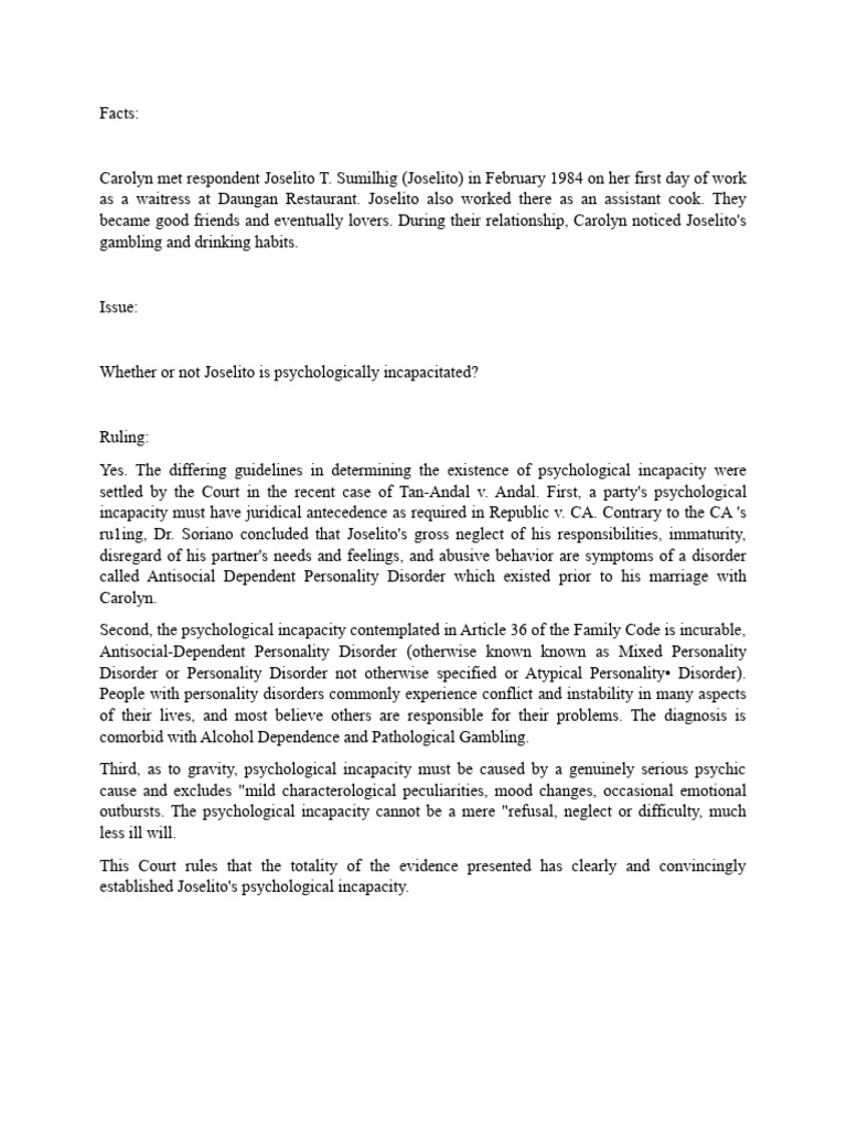 Joselito's Psychological Incapacity Ruling | PDF