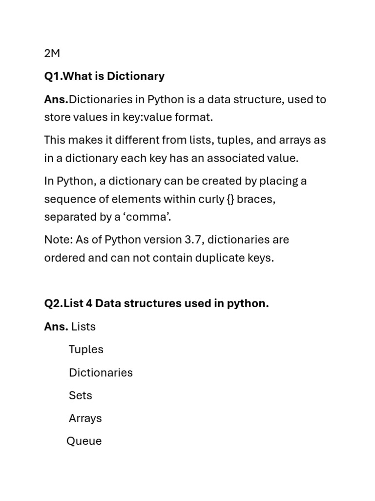 Q1.What Is Dictionary Ans - Dictionaries in Python Is A Data Structure ...
