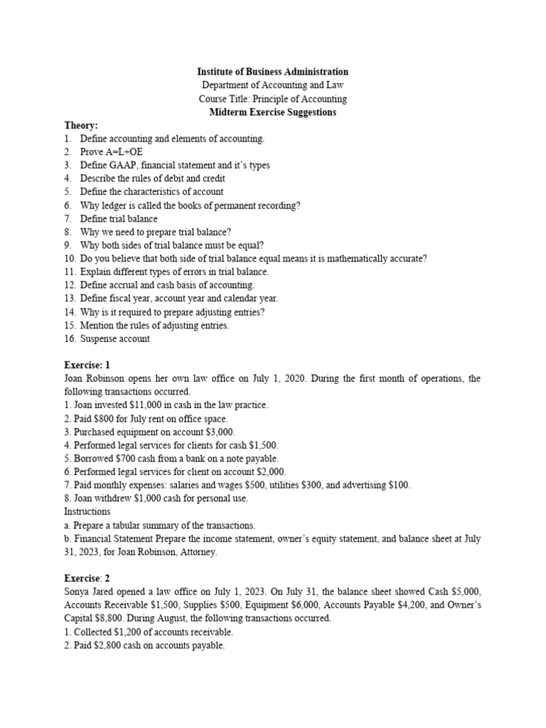 Accounting Principles Midterm Exercises | PDF | Debits And Credits ...