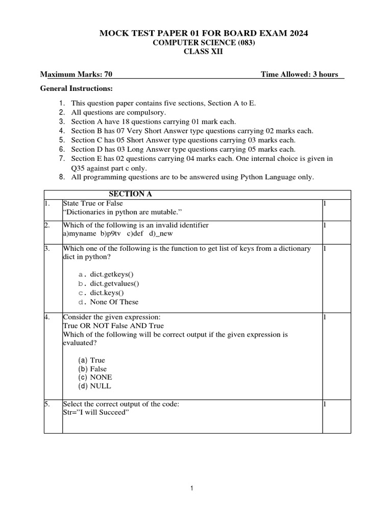 Class 12 Computer Science Mock Test | PDF | Computer Network | Computer ...