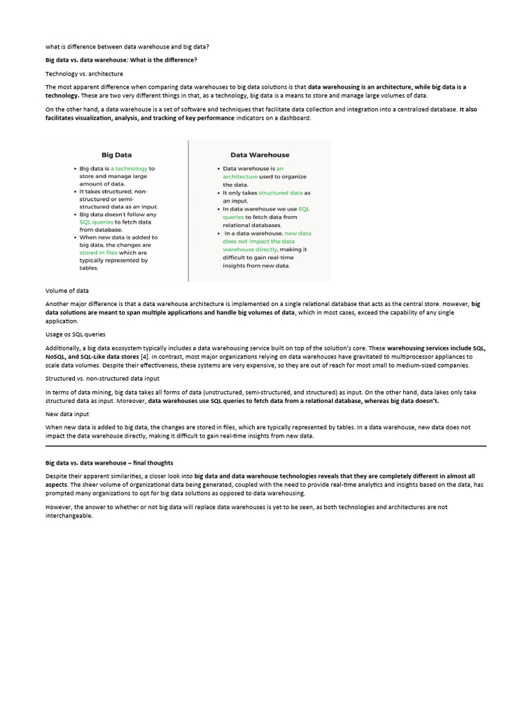 Big Data vs Data Warehouse Explained | PDF | Big Data | Business ...