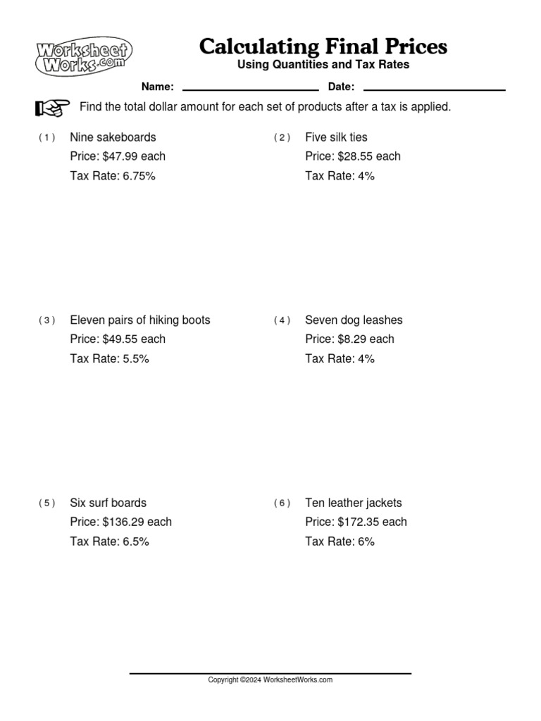 Calculating Final Prices Using Tax Rates Worksheet