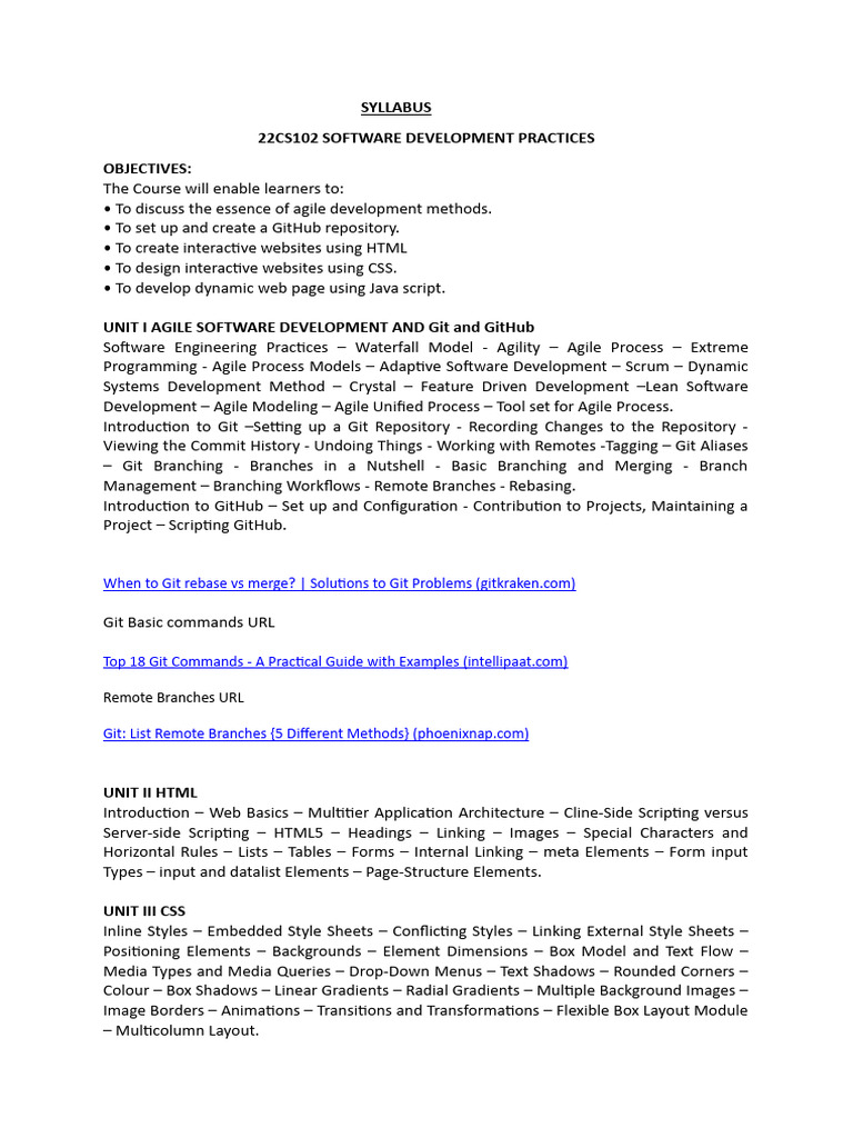 Syllabus - 22cs102 Software Development Practices (Autorecovered) | PDF ...