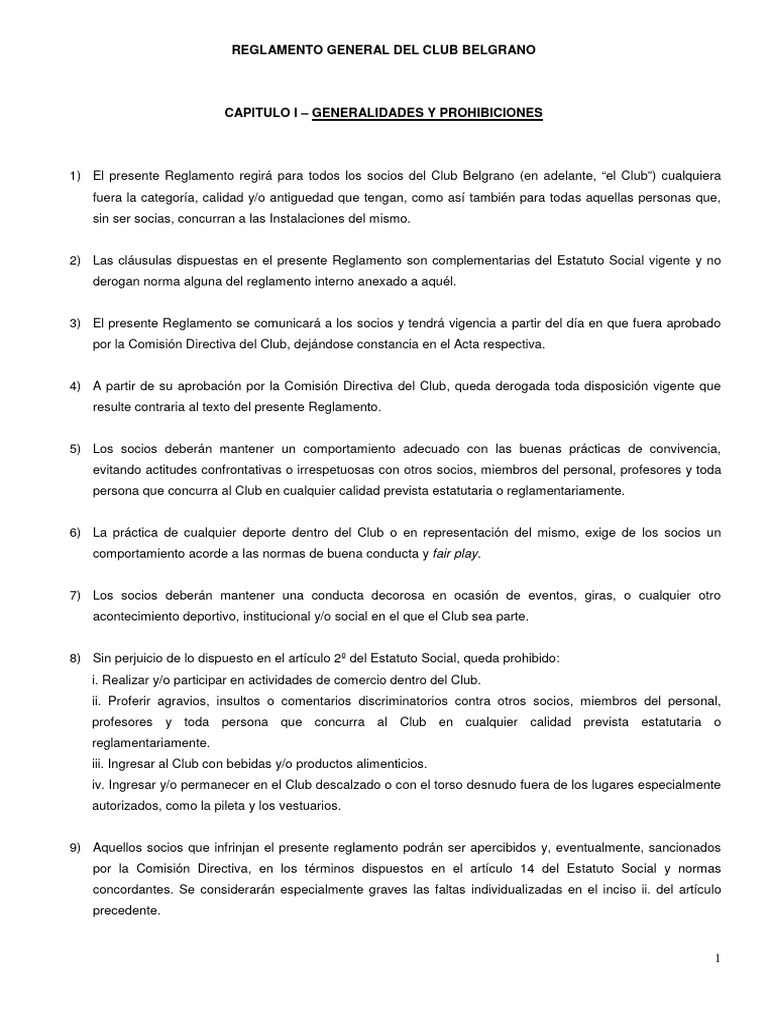 Reglamento del Club Belgrano: Normas y Horarios | PDF | Regulación