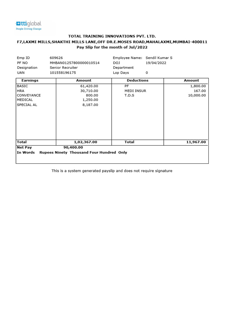 July 2022 Pay Slip for Employee | PDF