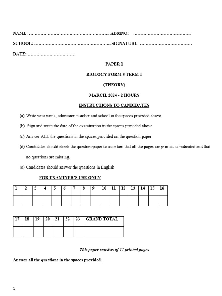 Biology Exam Paper: Term 1 Questions | PDF | Flowers | Petal