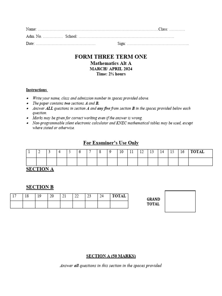 Form 3 Mathematics Exam Paper 2024 | PDF | Mathematics