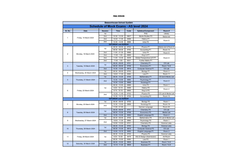 Exam Schedule 2024 - AS Mock Exam Schedule | PDF | Science