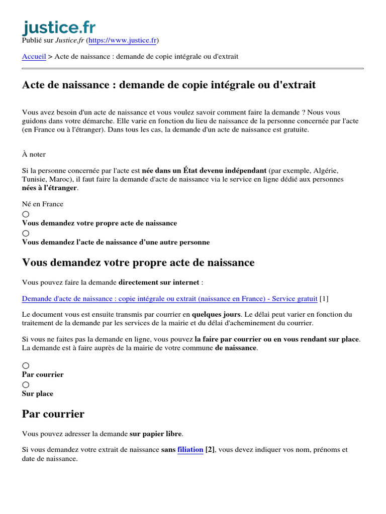 Demande d'acte de naissance en ligne | PDF | Certificat de naissance ...