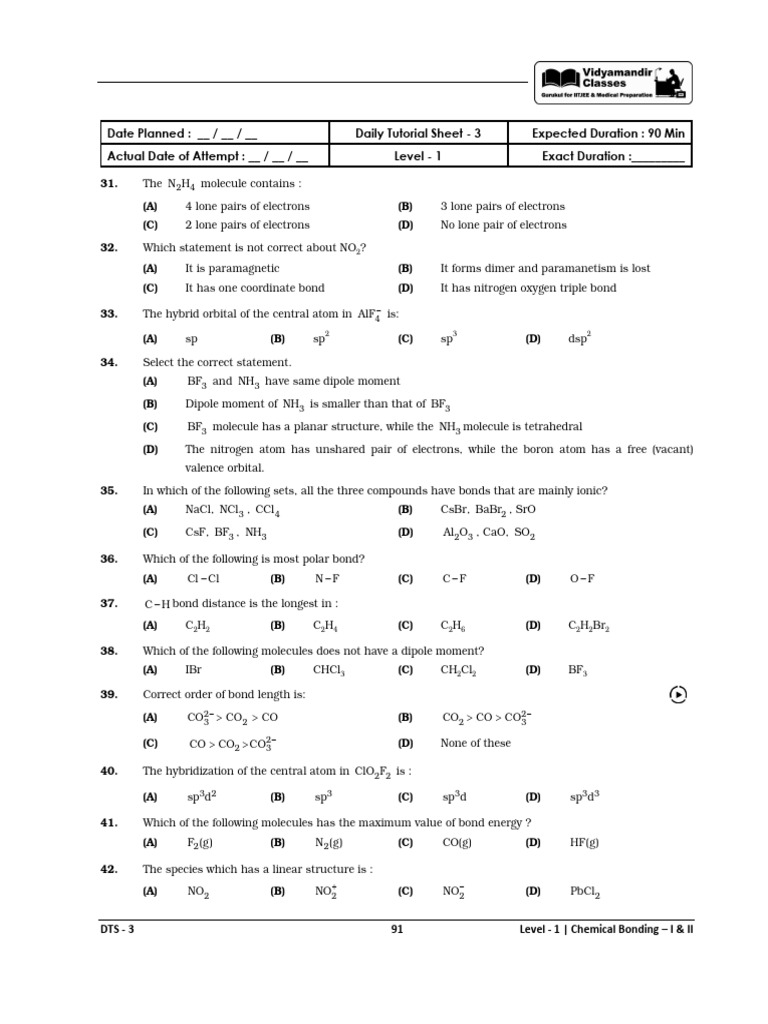 Chemical Bonding DTS-3 | PDF | Chemical Polarity | Chemical Bond