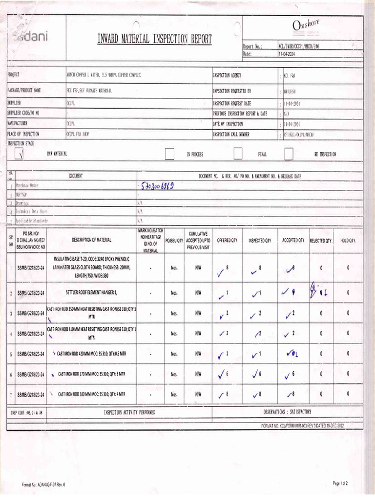 Inward Material Inspection Report | PDF | Building Engineering