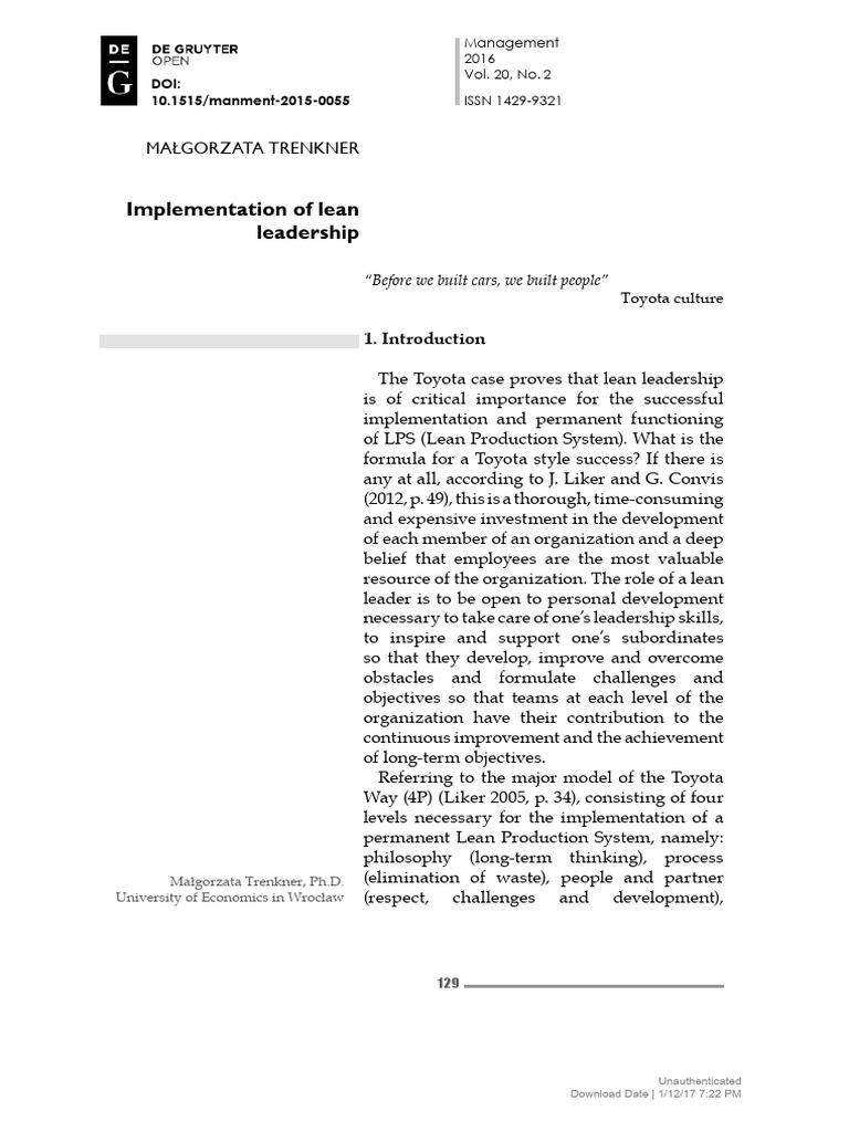 Implementation of Lean Leadership | PDF | Leadership | Lean Manufacturing