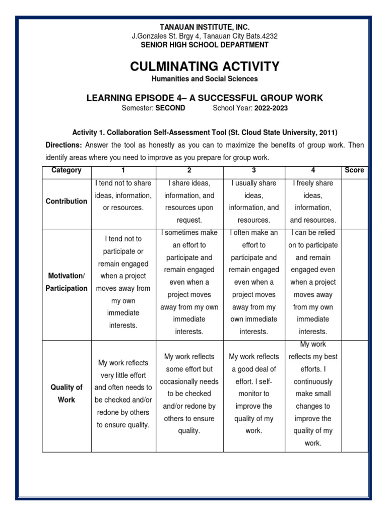 HUMSS Group Work Assessment Guide | PDF | Science | Learning