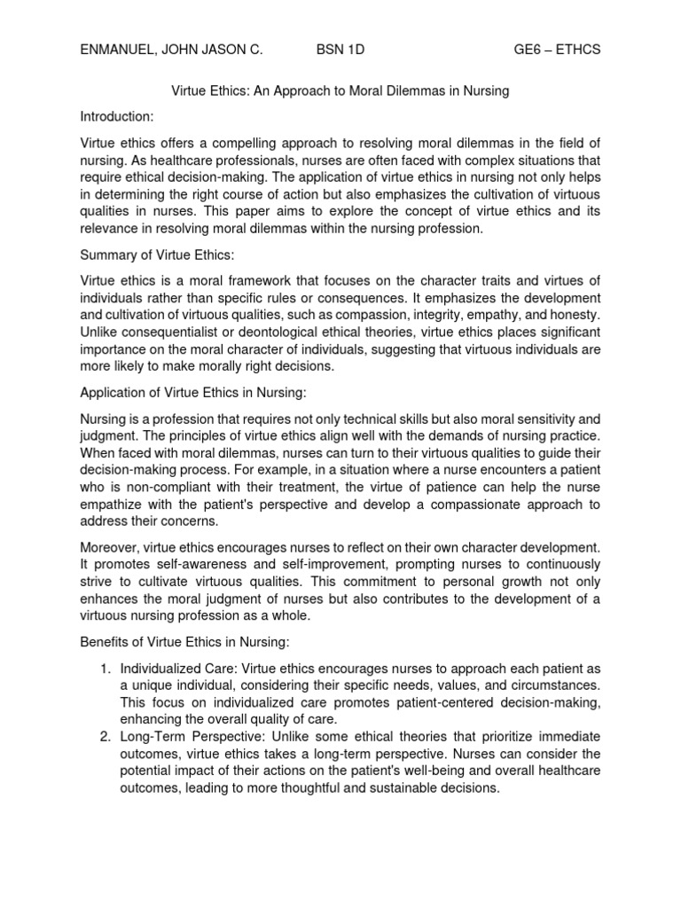 An Approach To Moral Dilemmas in Nursing | PDF | Virtue Ethics | Nursing