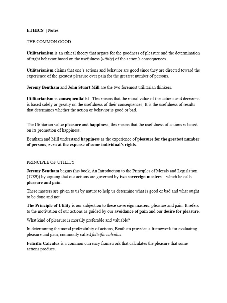 Notes In Ethics Pdf Utilitarianism Pleasure