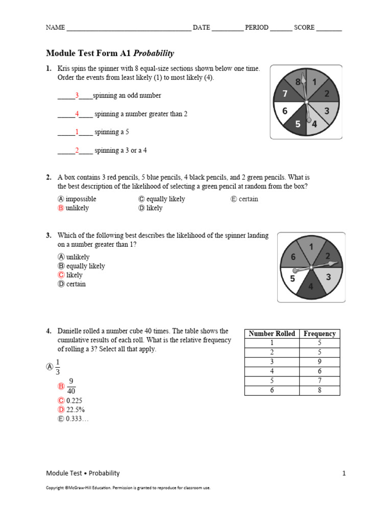 FL NA Course+2 Module+10 Test+A1 TE | PDF | Experiment | Probability