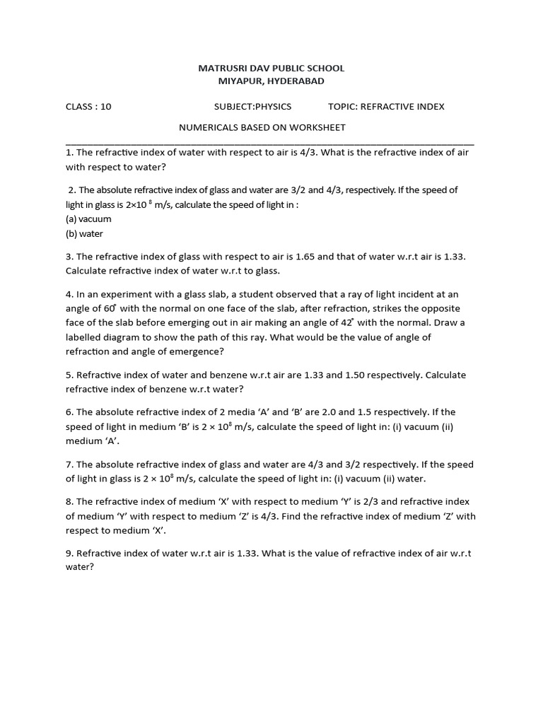 Worksheet On REFRACTIVE INDEX Numericals PDF