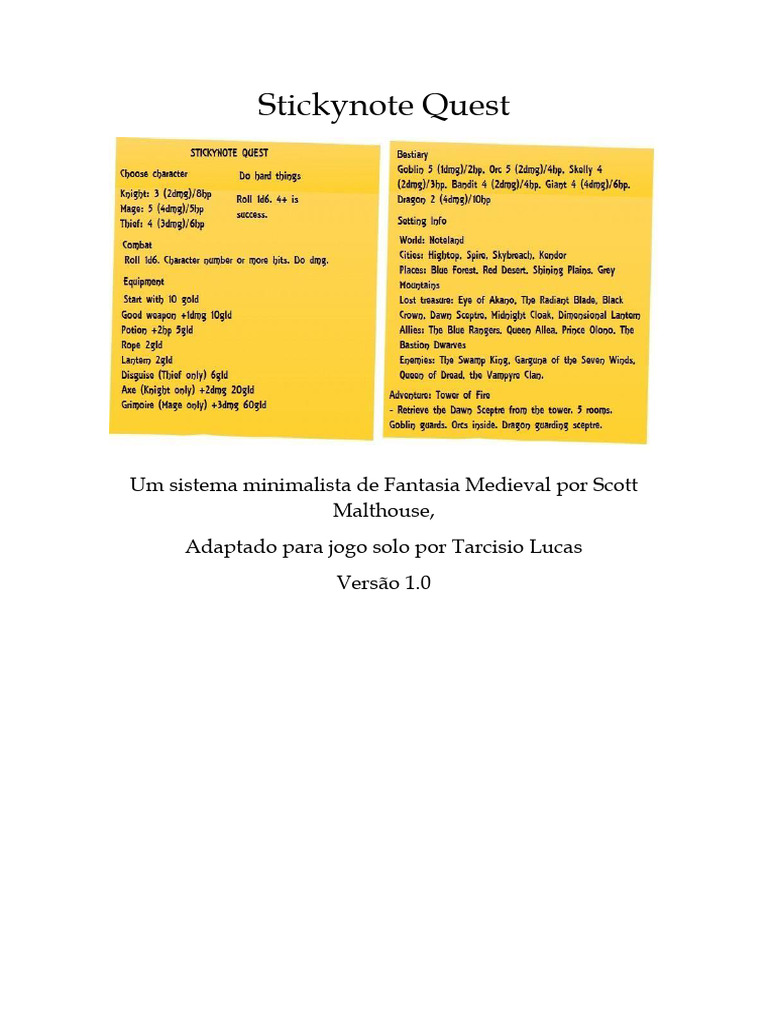 Stickynote Quest: RPG Solo Minimalista | PDF | Dungeons & Dragons (jogo)