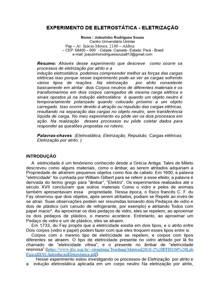 Experimento de Eletrização Eletrostática | PDF | Carga elétrica ...
