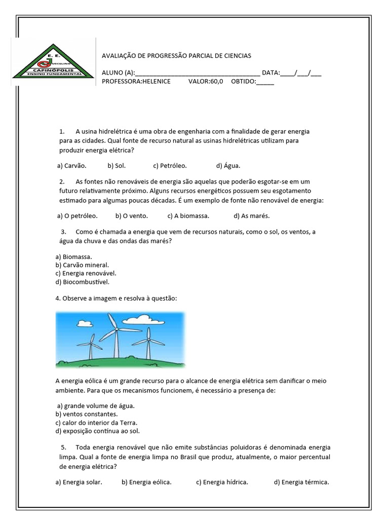 Avaliação de Energia para 8º Ano | PDF | Energia renovável | Energia eólica