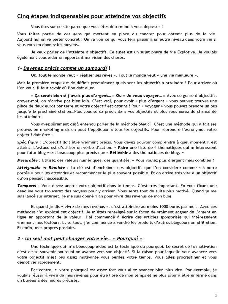 Cinq étapes pour atteindre vos objectifs | PDF | la communication