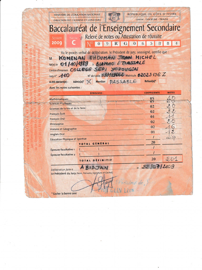 Relevé de notes Baccalauréat 2024 | PDF