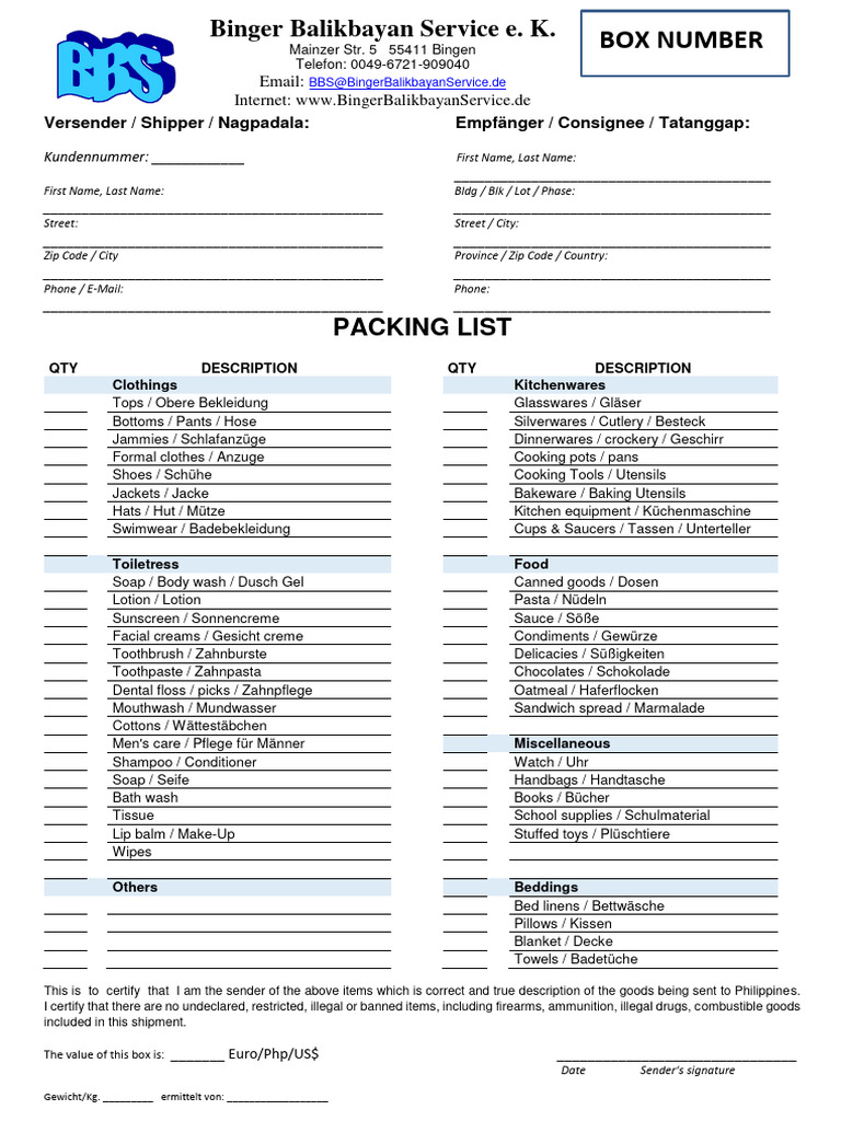 BBS Vertrag Für Balikbayan Box - 201903 | PDF | Tableware | Domestic ...