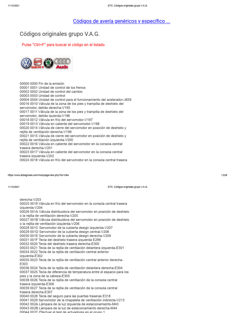 Códigos DTC del grupo V.A.G. | PDF | Sistema de freno antibloqueo | Relé