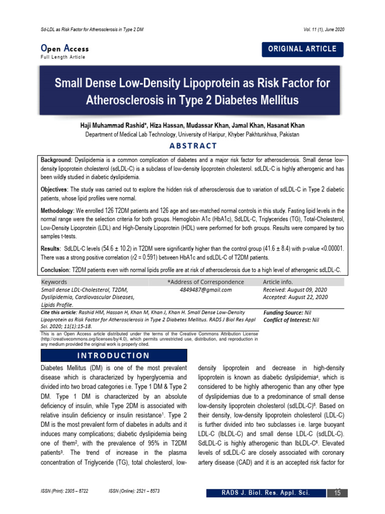 Sd-LDL as Atherosclerosis Risk in T2DM | PDF | Low Density Lipoprotein ...