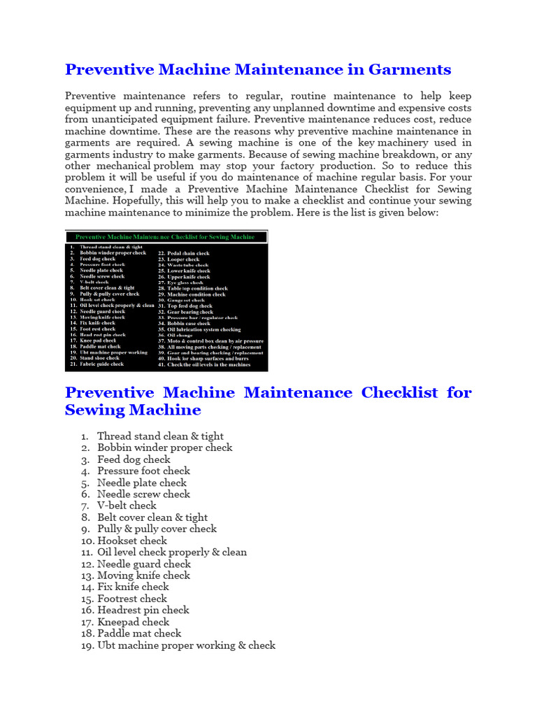 PreventiveMachineMaintenanceChecklistofSewingMachine PDF