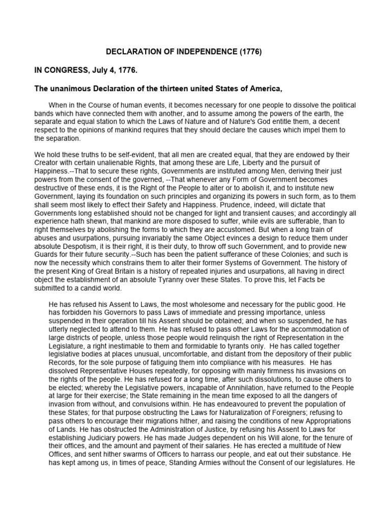 Unanimous Declaration of Independence | PDF | United States Declaration ...
