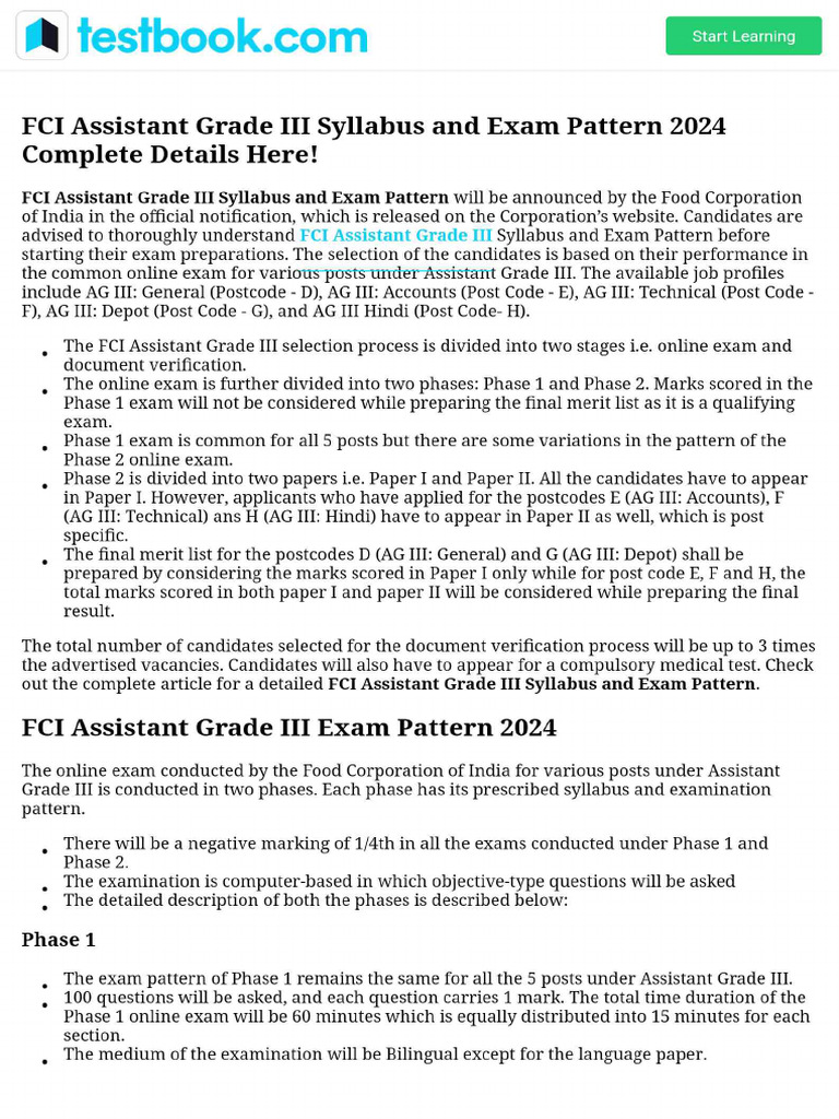 FCI Assistant Grade III Syllabus and Exam Pattern 2024 Complete Details