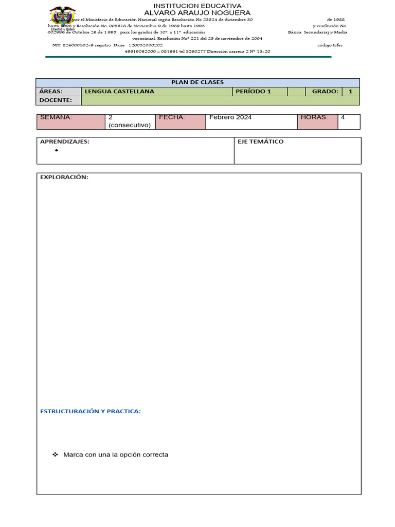 Plan de Clases para Grado 1 | PDF