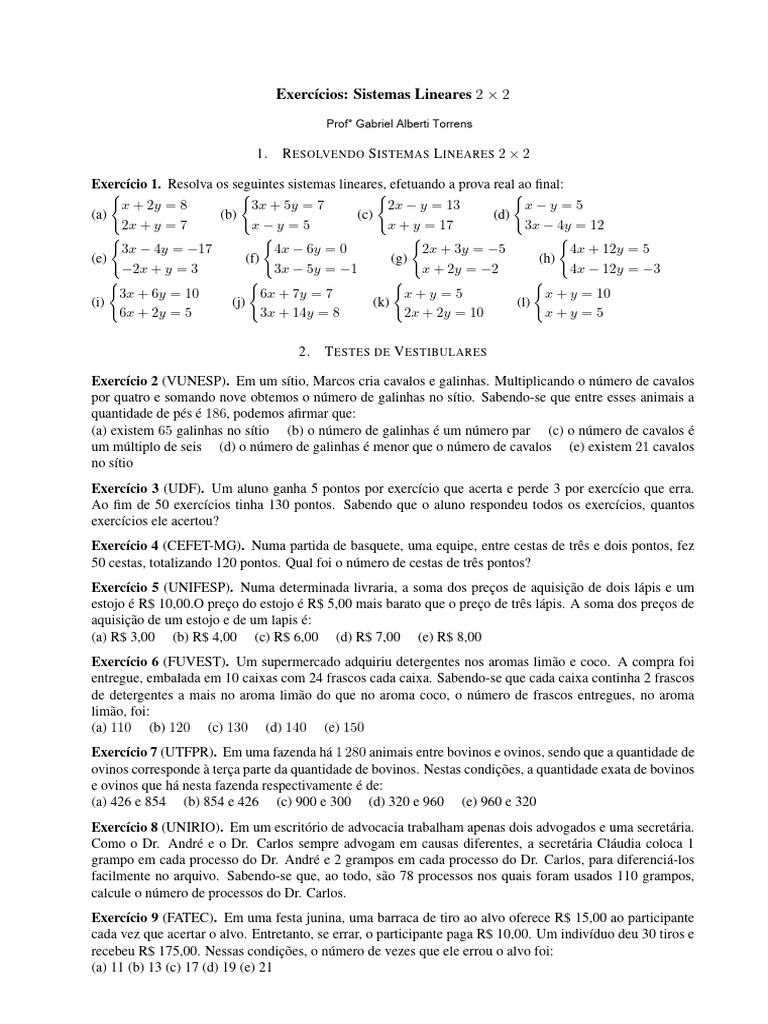 Exercícios de Sistemas Lineares 2x2 | PDF