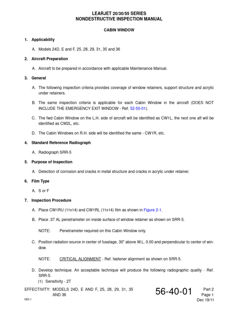 Learjet 20 30 55 series nondestructive inspection manual cabin window
