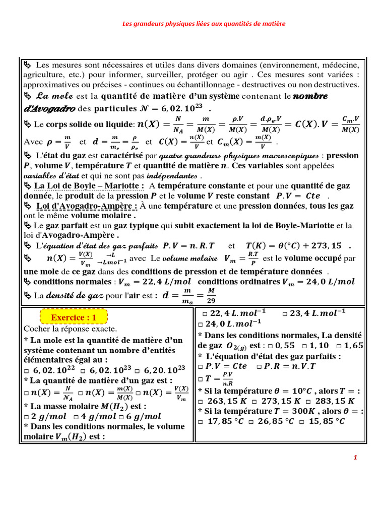 Grandeurs physiques et quantité de matière | PDF | Chimie | Chimie physique