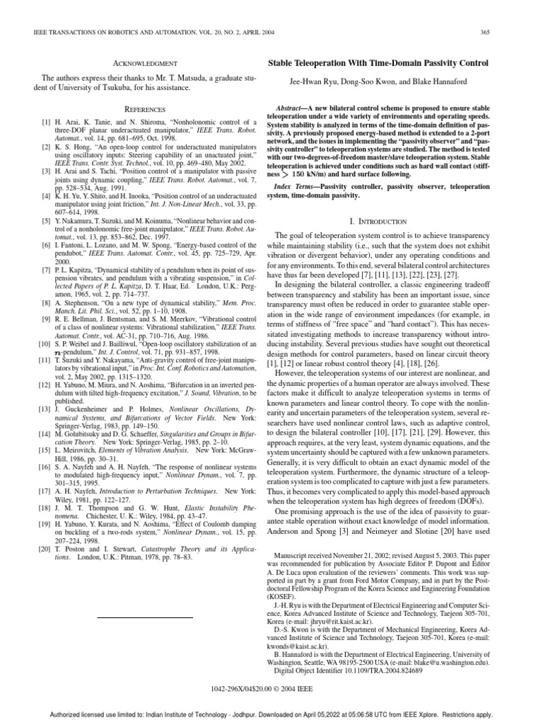 Stable Teleoperation With Time-Domain Passivity Control | PDF | Control ...