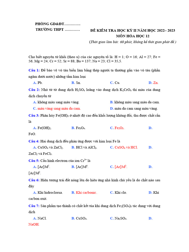 De Thi Hk 2 Hoa 12 Pdf