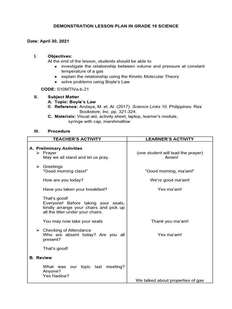 Lesson Plan in Demo Teaching | PDF | Gases | Applied And ...