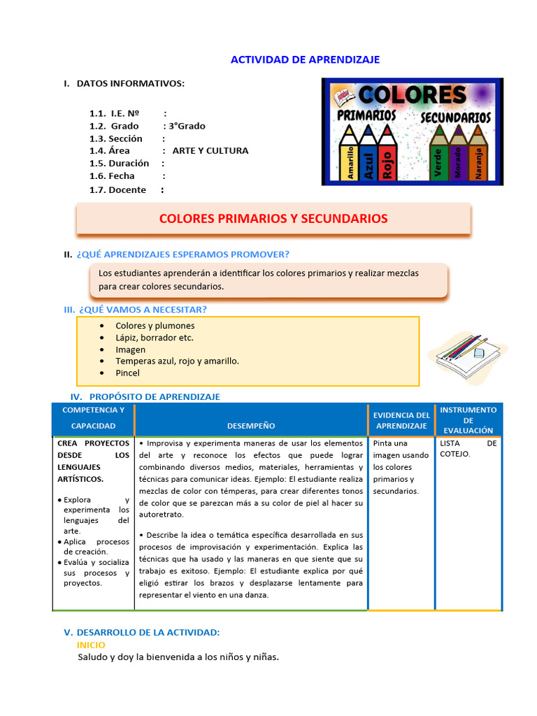 Actividad de Colores Primarios y Secundarios | PDF | Color | Evaluación