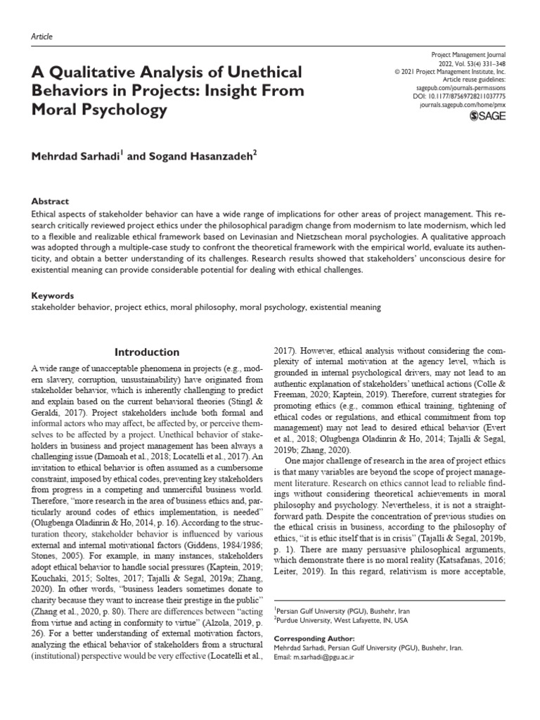 A Qualitative Analysis of Unethical Behaviors in Projects Insight From ...