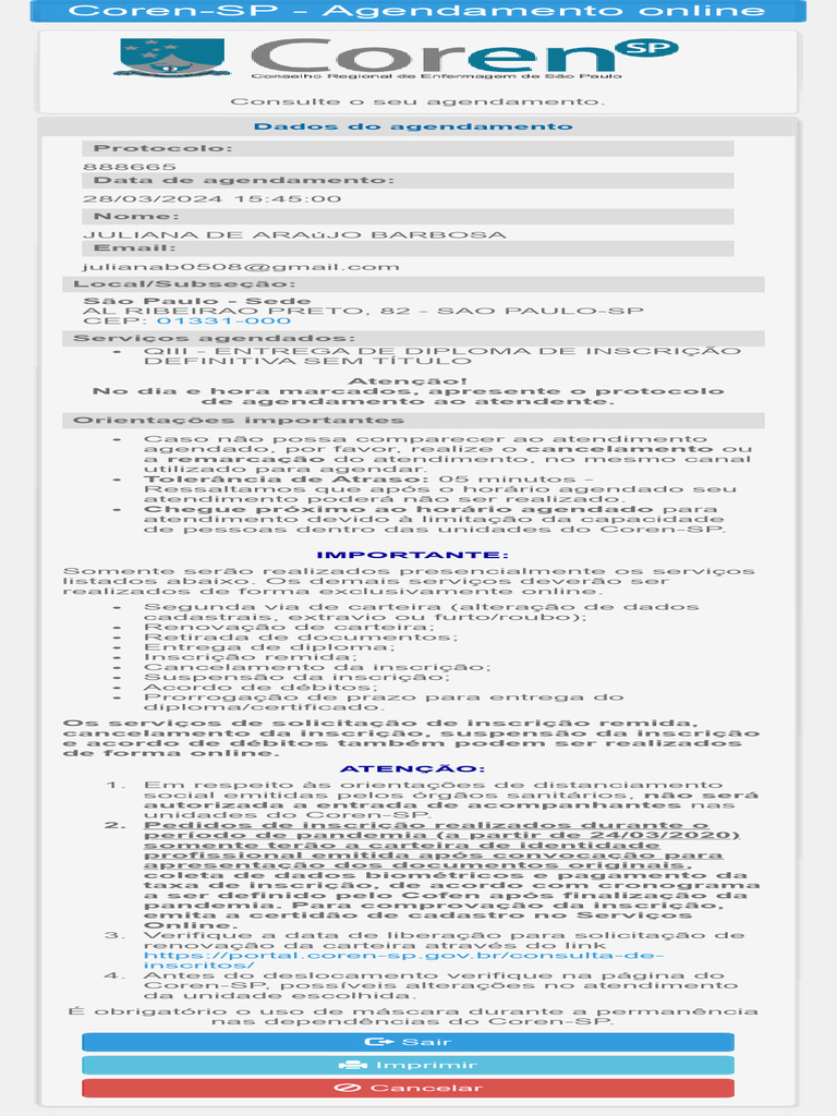 Agendamento Online Coren-SP | PDF