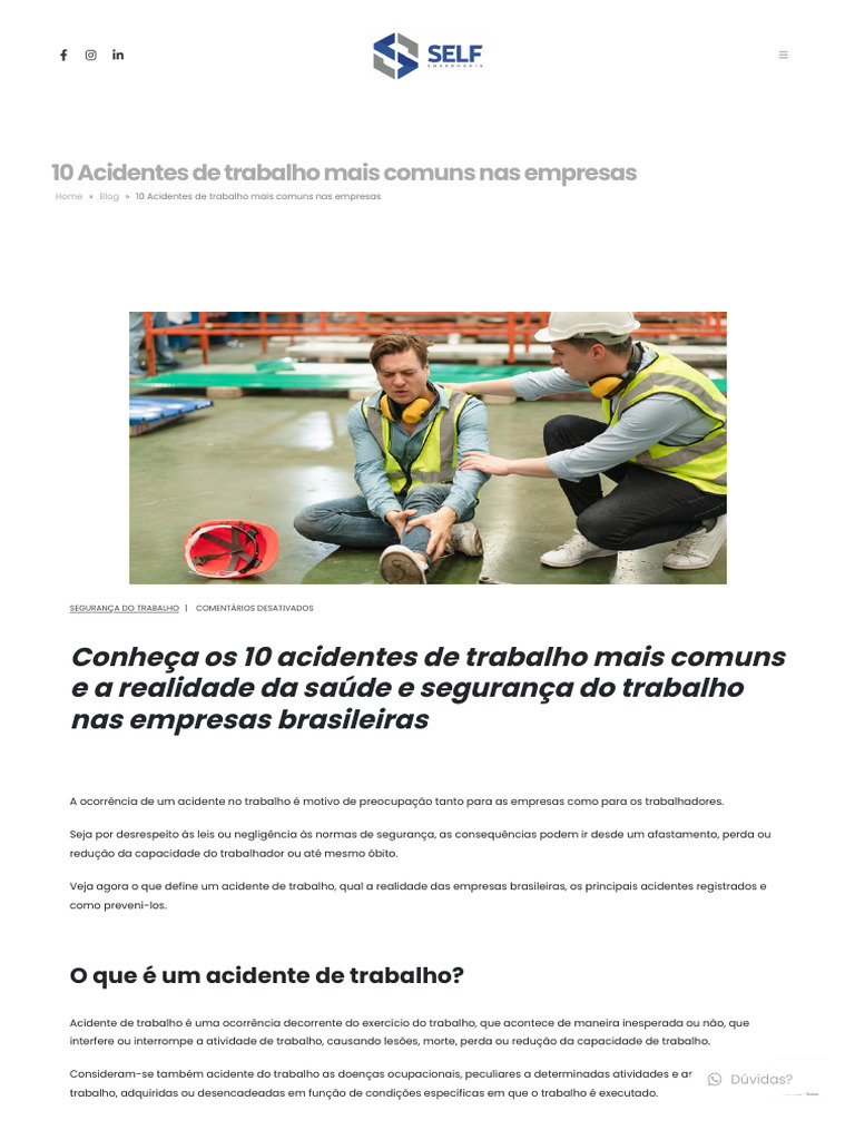 10 Acidentes De Trabalho Mais Comuns Nas Empresas Self Engenharia