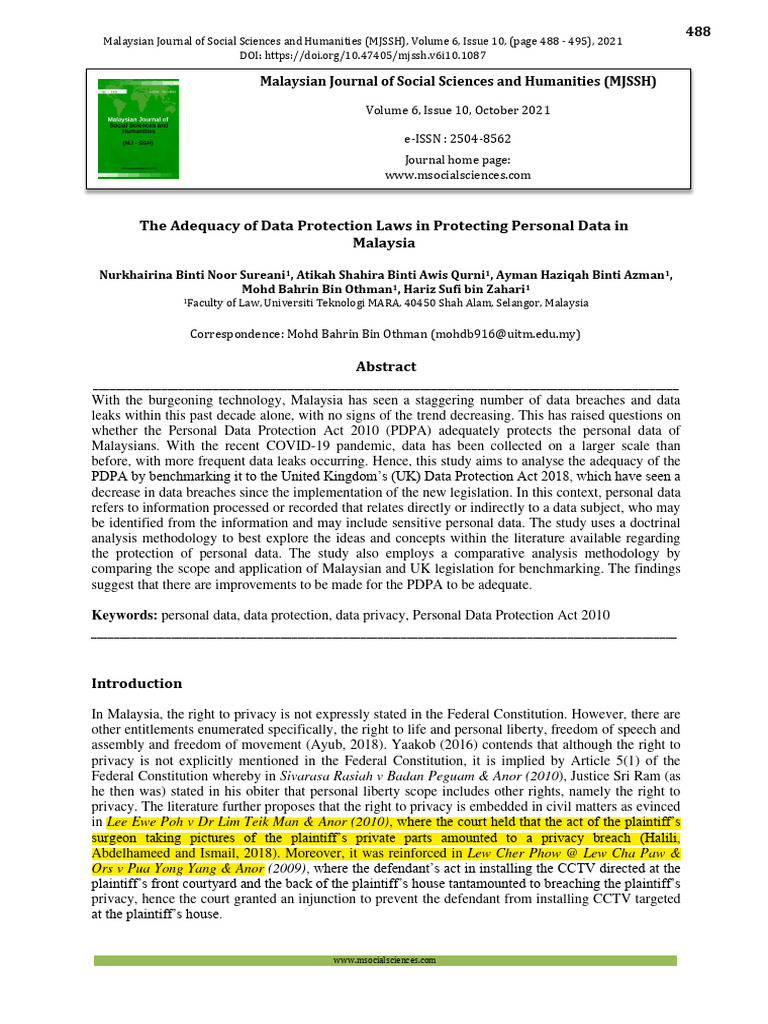 Evaluating Malaysia's PDPA Adequacy | PDF | Right To Privacy | Privacy